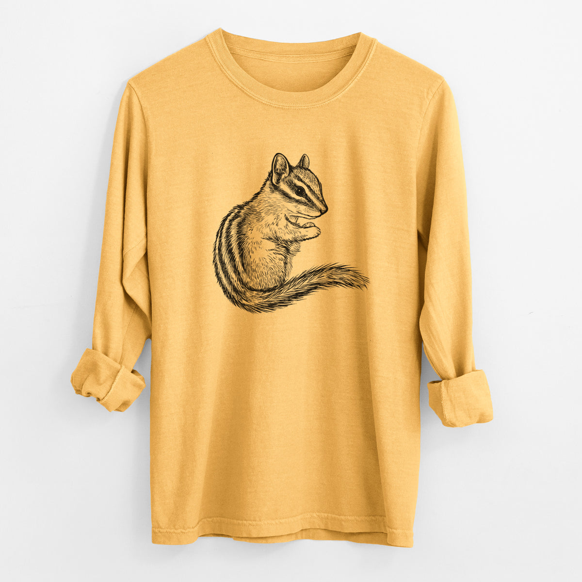 Golden wheat yellow Comfort Colors long sleeve shirt laid flat with the cuffs rolled, printed with a detailed black ink illustration of a least chipmunk sitting and holding food in its paws.
