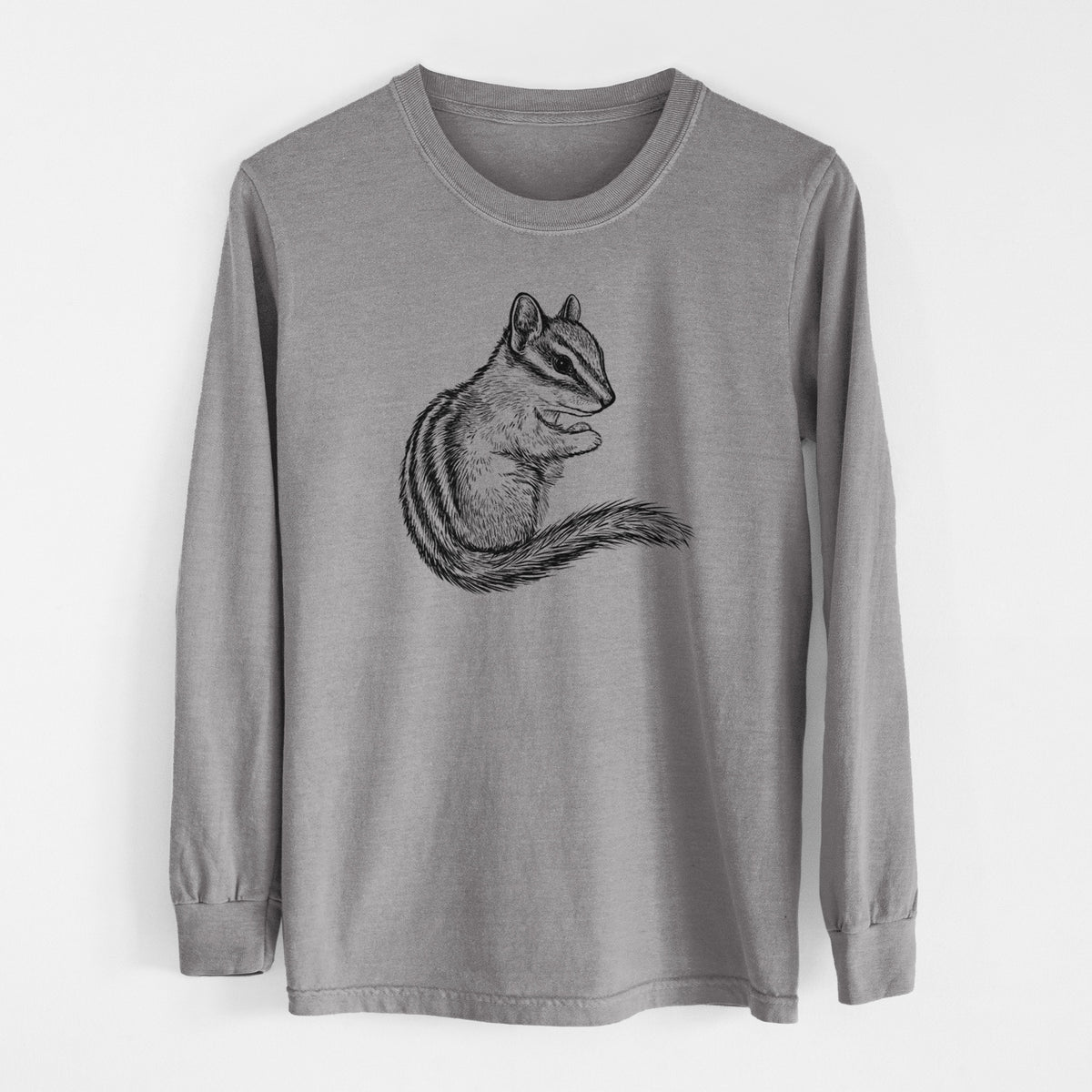 Grey Comfort Colors long sleeve shirt laid flat, printed with a detailed black ink illustration of a least chipmunk sitting and holding food in its paws.