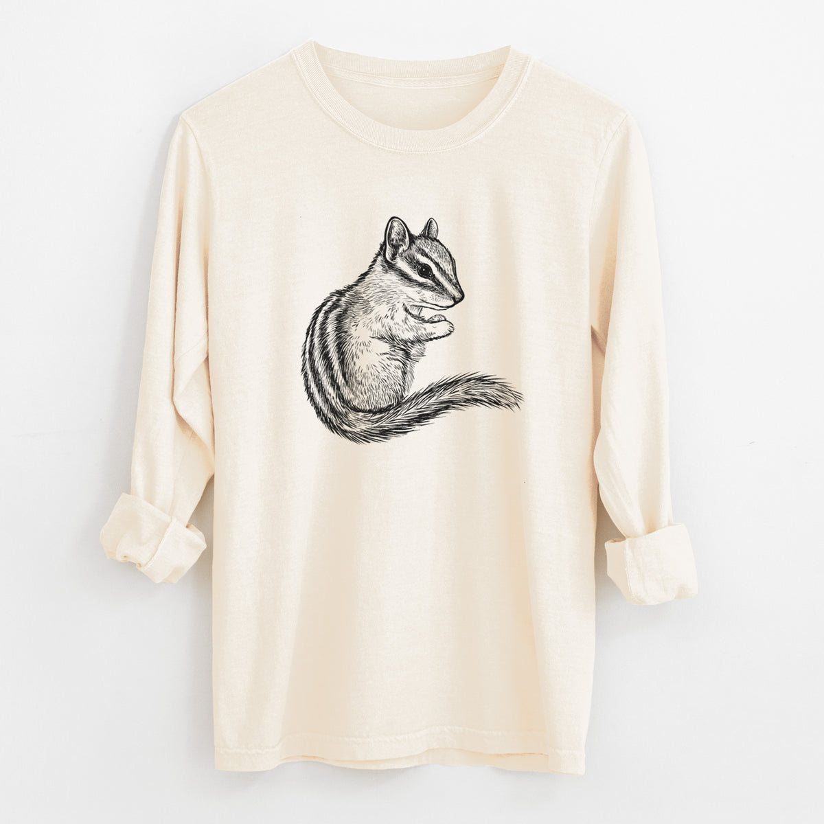 Ivory Comfort Colors long sleeve shirt laid flat with the cuffs rolled, printed with a detailed black ink illustration of a least chipmunk sitting and holding food in its paws.