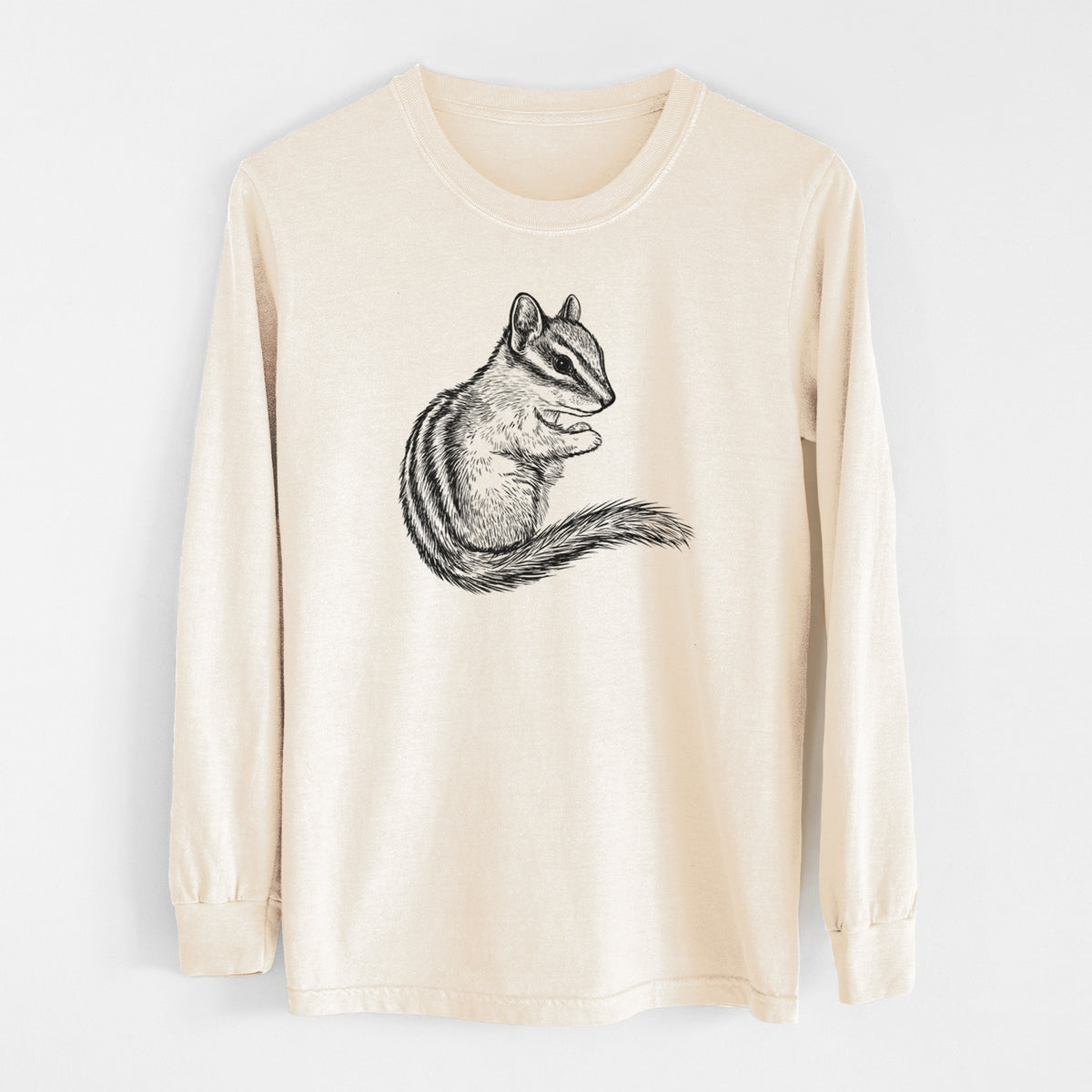 Ivory Comfort Colors long sleeve shirt laid flat, printed with a detailed black ink illustration of a least chipmunk sitting and holding food in its paws.