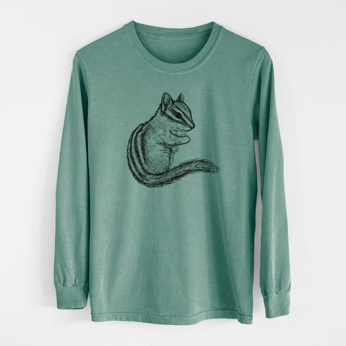 Pine green Comfort Colors long sleeve shirt laid flat, printed with a detailed black ink illustration of a least chipmunk sitting and holding food in its paws.