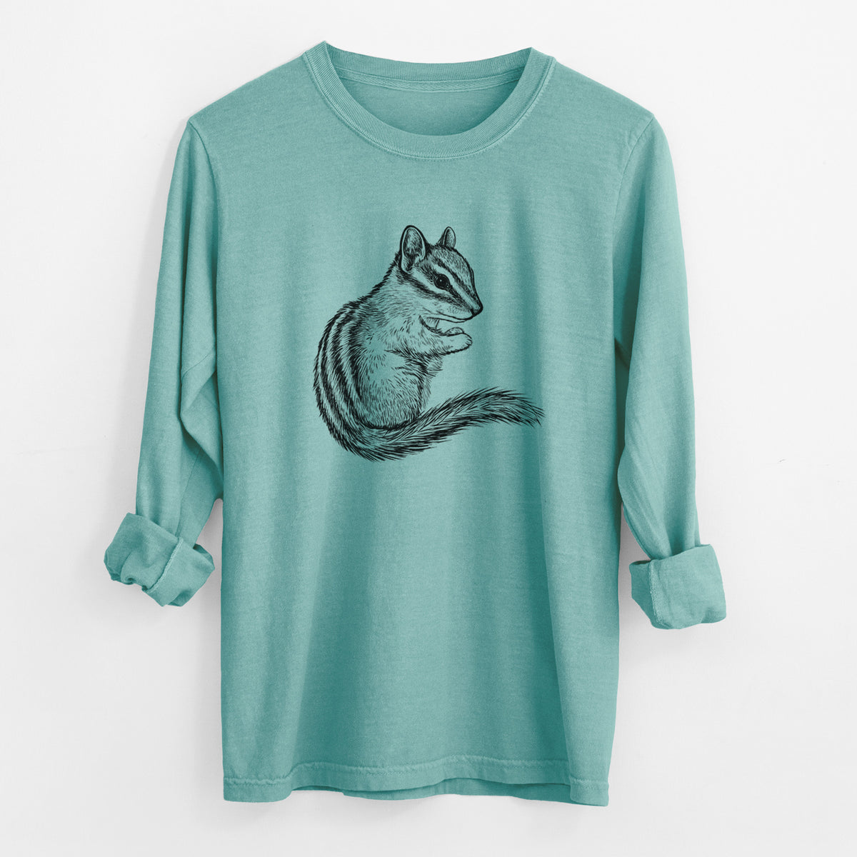 Reef green Comfort Colors long sleeve shirt laid flat with the cuffs rolled, printed with a detailed black ink illustration of a least chipmunk sitting and holding food in its paws.