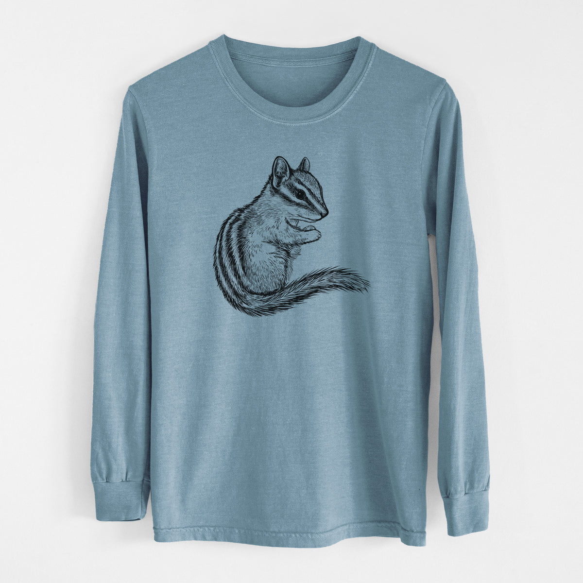 Steel blue Comfort Colors long sleeve shirt laid flat, printed with a detailed black ink illustration of a least chipmunk sitting and holding food in its paws.