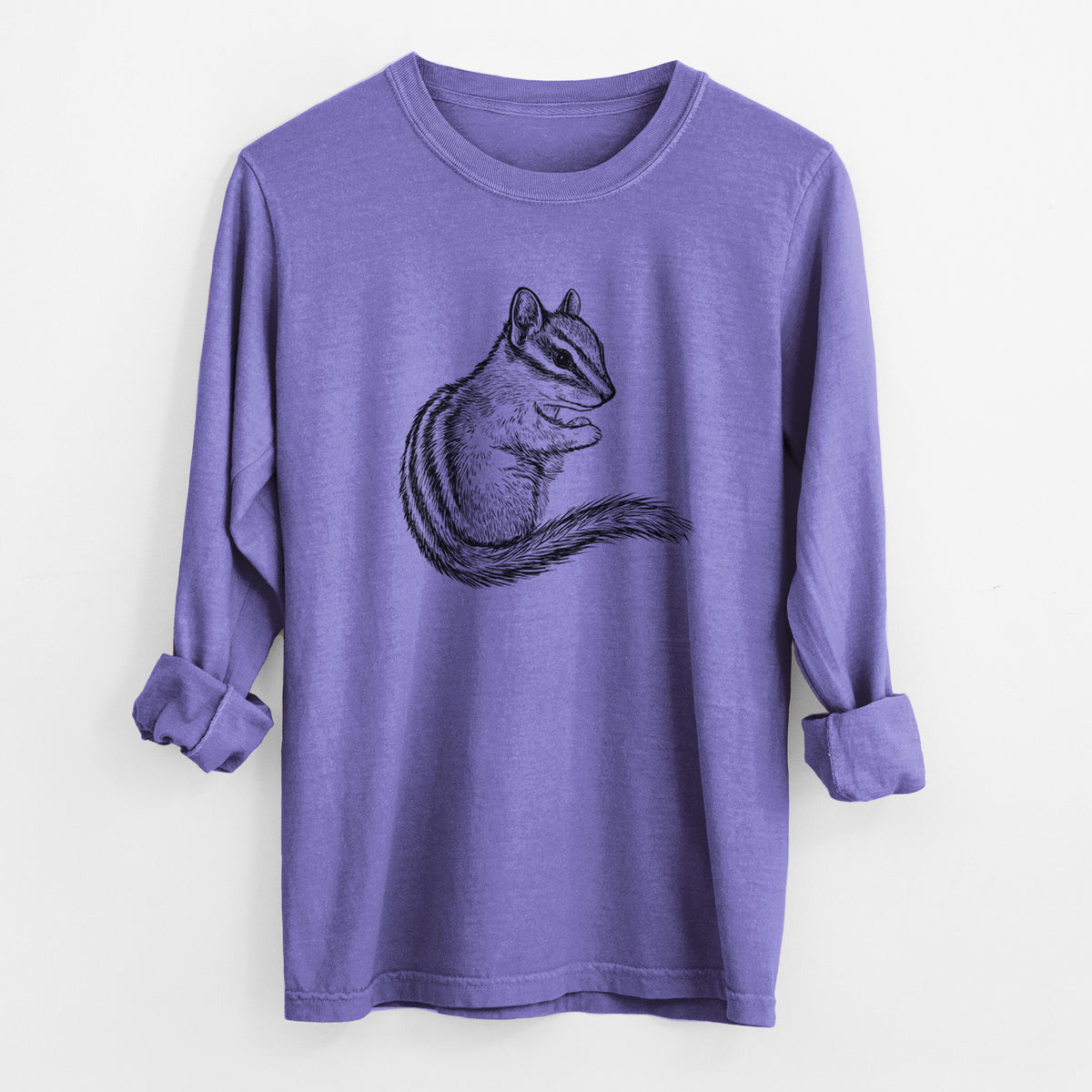 Violet purple Comfort Colors long sleeve shirt laid flat with the cuffs rolled, printed with a detailed black ink illustration of a least chipmunk sitting and holding food in its paws.