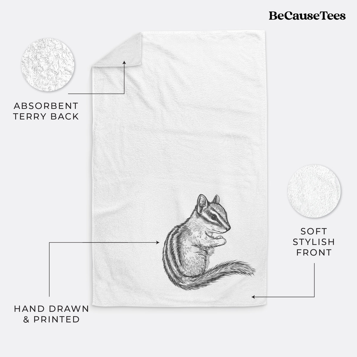 White hand towel printed with a detailed black ink illustration of a least chipmunk sitting and holding food in its paws.
