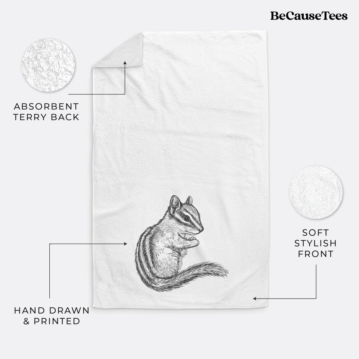 White hand towel printed with a detailed black ink illustration of a least chipmunk sitting and holding food in its paws.