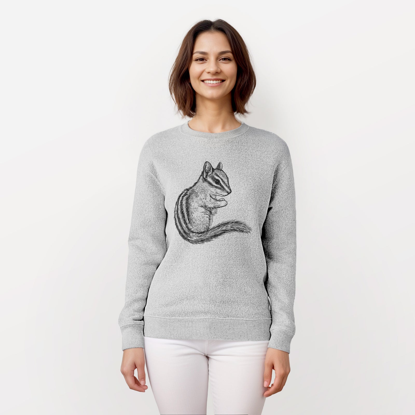 Salt and pepper knit sweatshirt laid flat, printed with a detailed black ink illustration of a least chipmunk sitting and holding food in its paws.