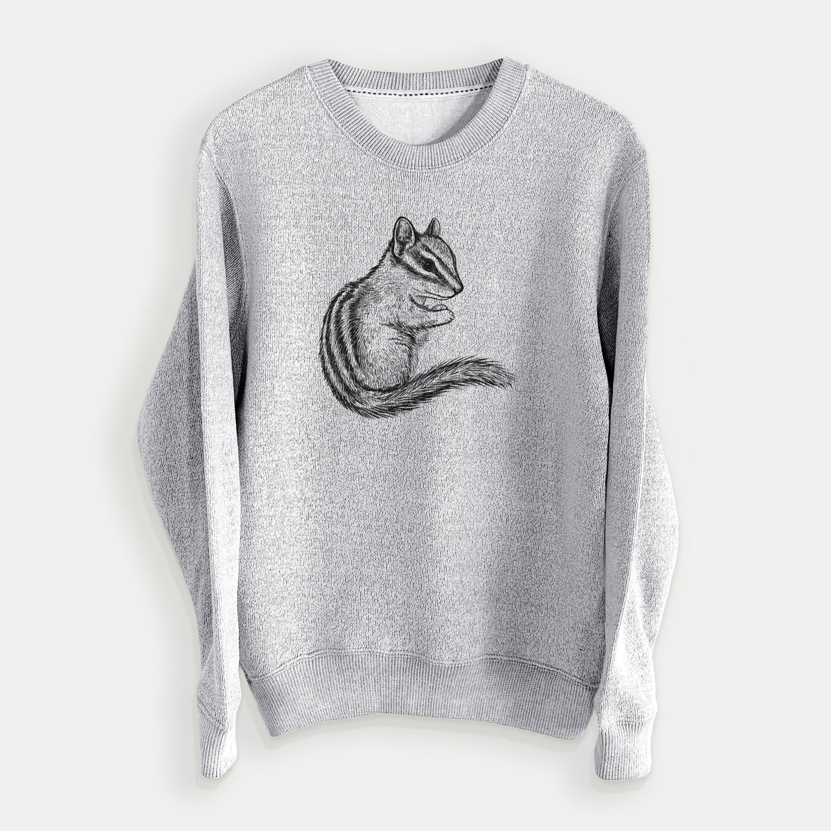 Salt and pepper knit sweatshirt laid flat, printed with a detailed black ink illustration of a least chipmunk sitting and holding food in its paws.