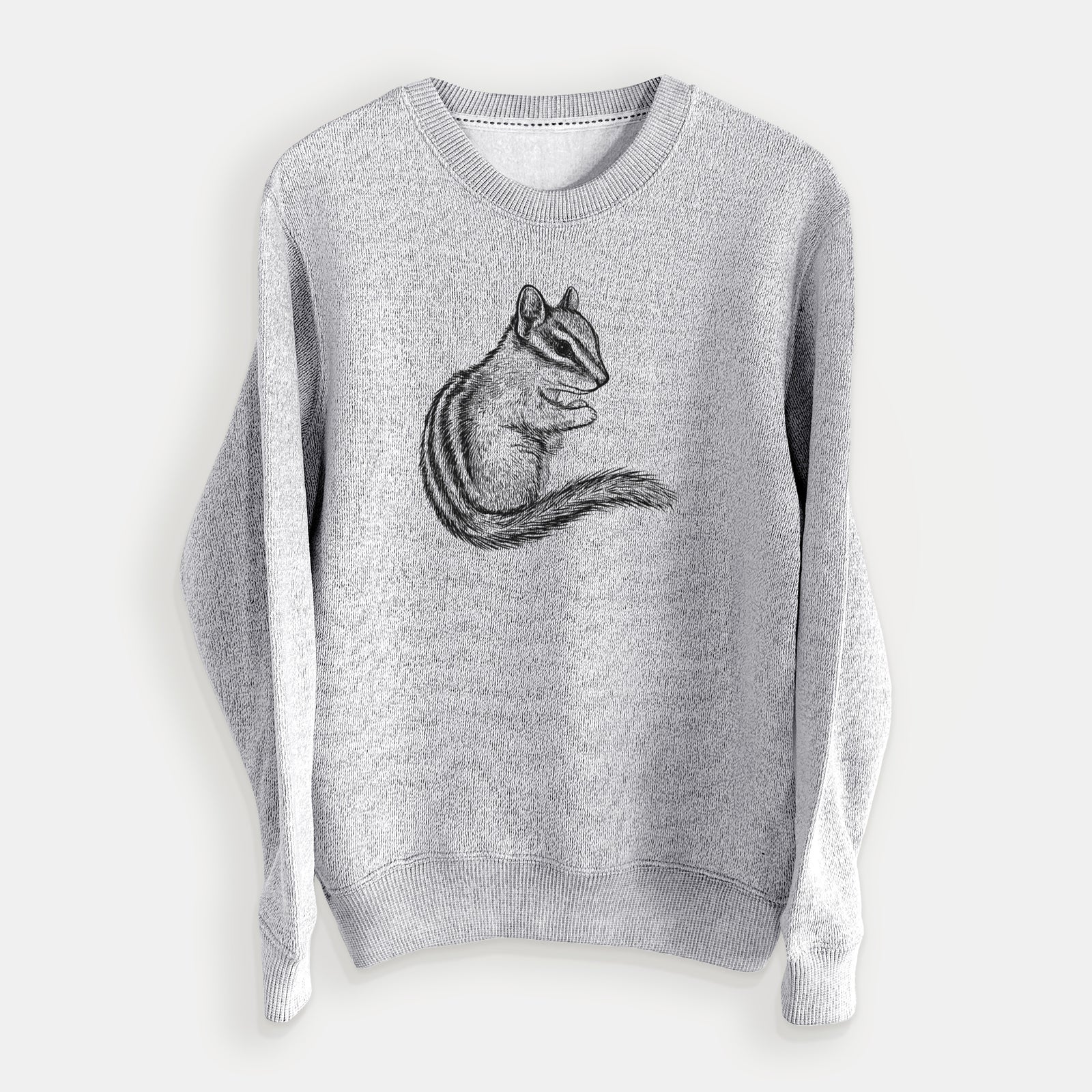 Salt and pepper knit sweatshirt laid flat, printed with a detailed black ink illustration of a least chipmunk sitting and holding food in its paws.