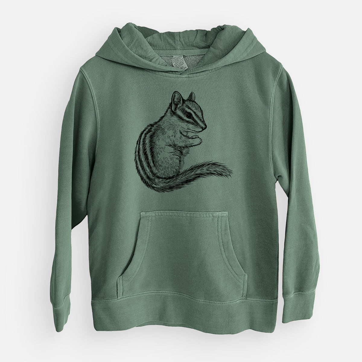 Alpine green youth pigment dyed hoodie laid flat, printed with a detailed black ink illustration of a least chipmunk sitting and holding food in its paws.