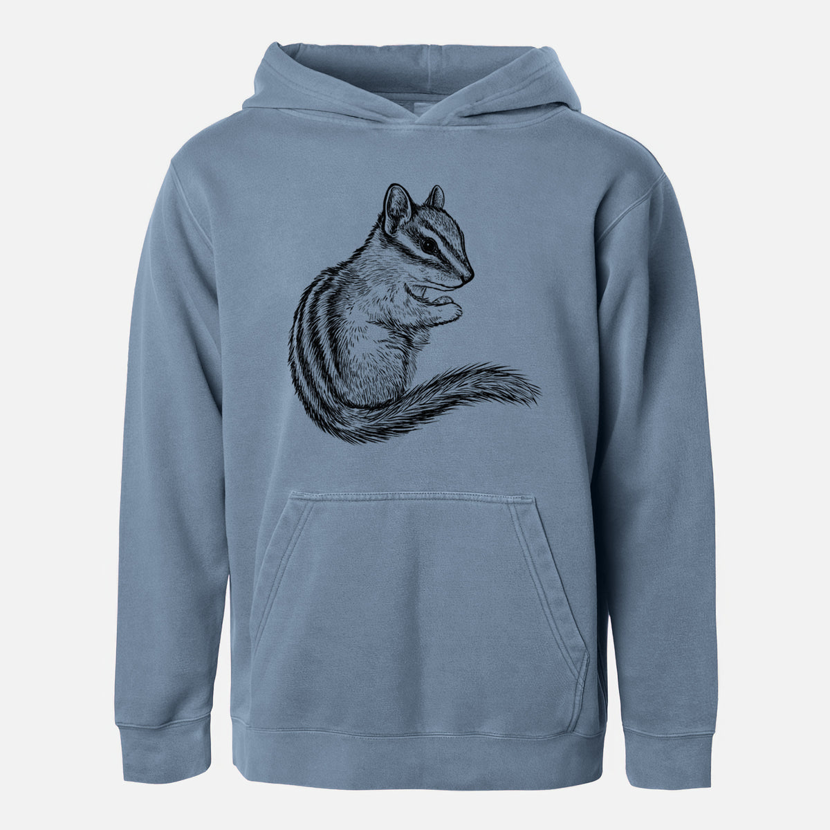 Slate blue youth pigment dyed hoodie laid flat, printed with a detailed black ink illustration of a least chipmunk sitting and holding food in its paws.