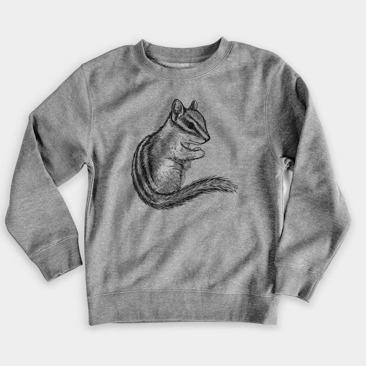 Nickel grey youth crewneck sweatshirt laid flat, printed with a detailed black ink illustration of a least chipmunk sitting and holding food in its paws.