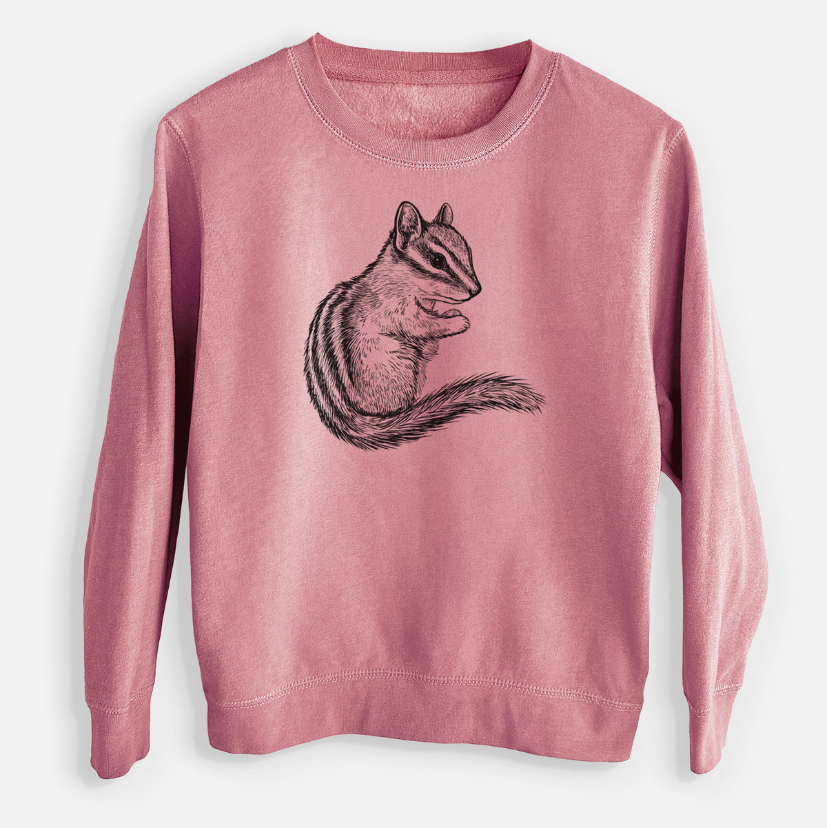 Mauve pink youth crewneck sweatshirt laid flat, printed with a detailed black ink illustration of a least chipmunk sitting and holding food in its paws.