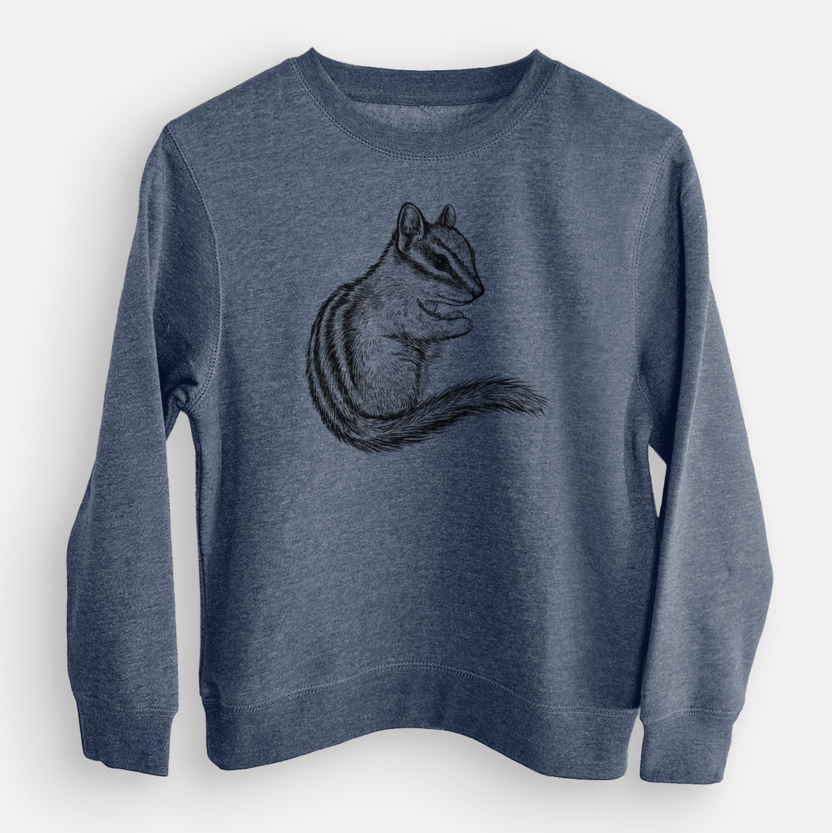 Storm blue youth crewneck sweatshirt laid flat, printed with a detailed black ink illustration of a least chipmunk sitting and holding food in its paws.