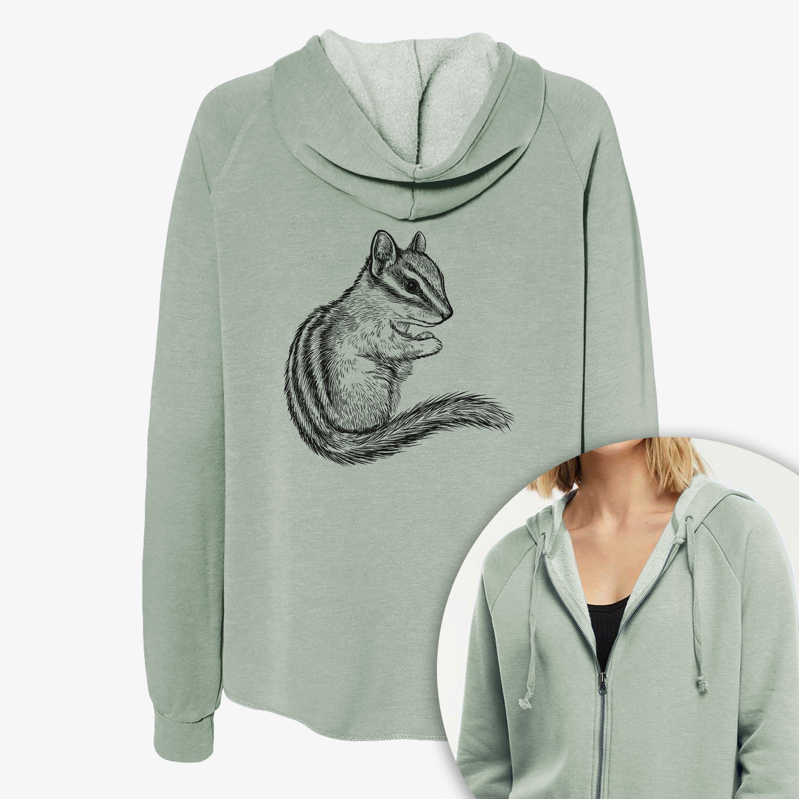 Women's Cali Wave zip-up sweatshirt printed with a detailed black ink illustration of a least chipmunk sitting and holding food in its paws, with a close-up of the zipper.