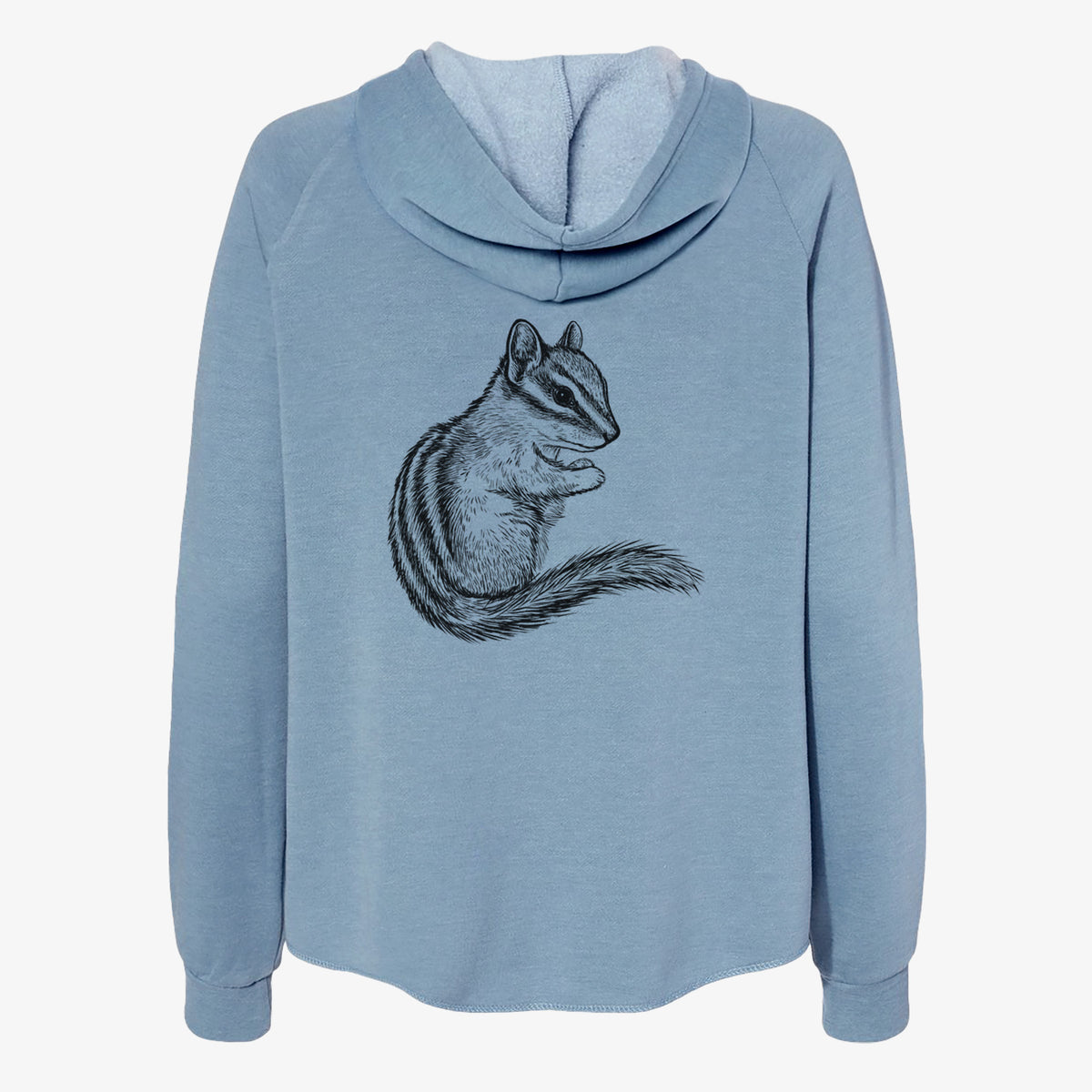 Misty blue women's Cali Wave zip-up sweatshirt laid flat, printed with a detailed black ink illustration of a least chipmunk sitting and holding food in its paws.