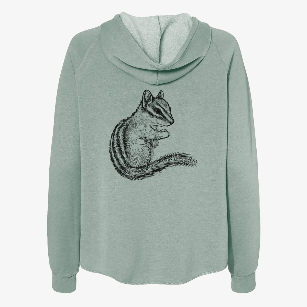 Sage green women's Cali Wave zip-up sweatshirt laid flat, printed with a detailed black ink illustration of a least chipmunk sitting and holding food in its paws.