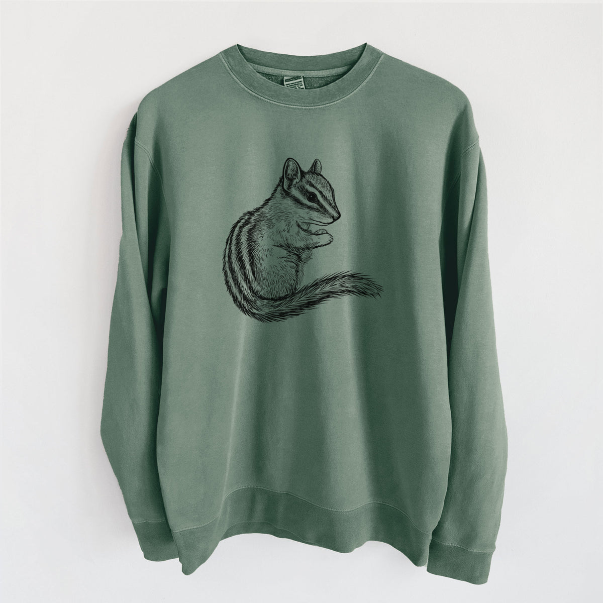 Alpine green pigment dyed crewneck sweatshirt laid flat, printed with a detailed black ink illustration of a least chipmunk sitting and holding food in its paws.