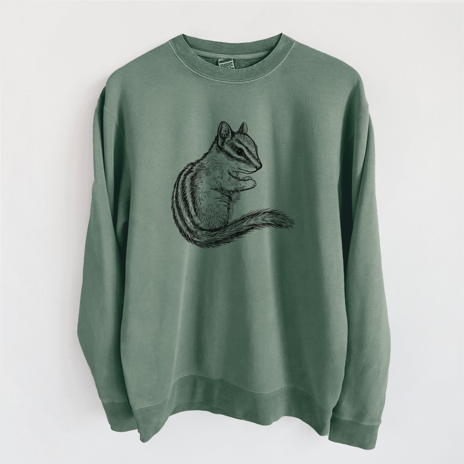 Alpine green pigment dyed crewneck sweatshirt laid flat, printed with a detailed black ink illustration of a least chipmunk sitting and holding food in its paws.