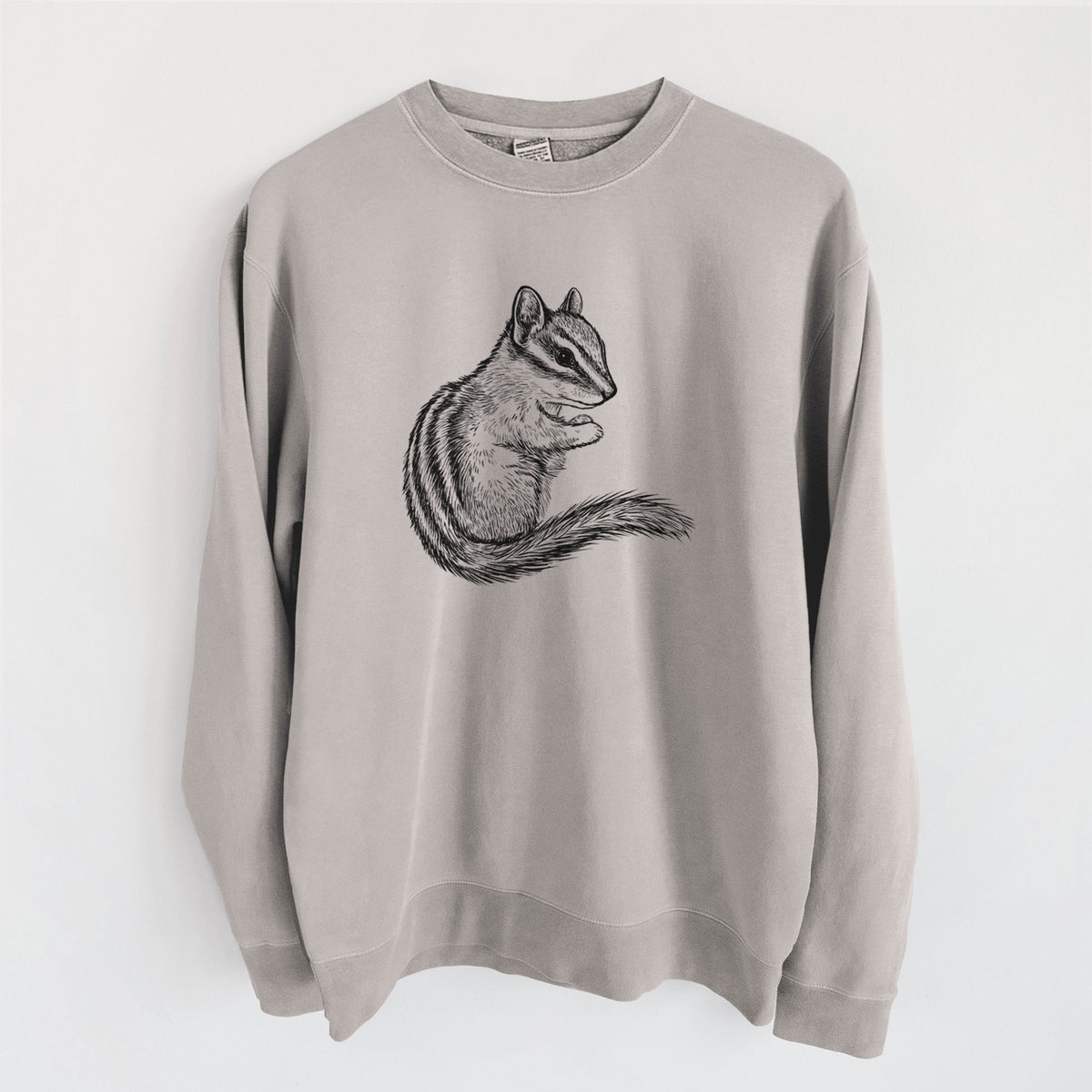 Cement grey pigment dyed crewneck sweatshirt laid flat, printed with a detailed black ink illustration of a least chipmunk sitting and holding food in its paws.