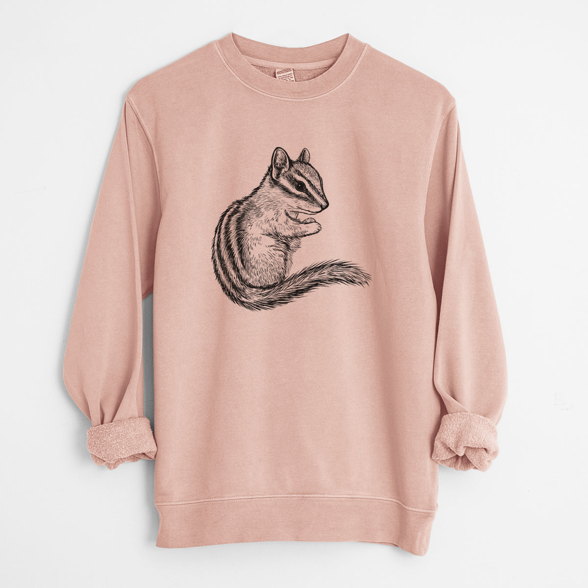 Dusty pink pigment dyed crewneck sweatshirt laid flat with the sleeves rolled, printed with a detailed black ink illustration of a least chipmunk sitting and holding food in its paws.