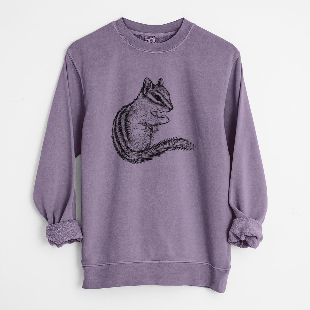 Plum purple pigment dyed crewneck sweatshirt laid flat with the sleeves rolled, printed with a detailed black ink illustration of a least chipmunk sitting and holding food in its paws.