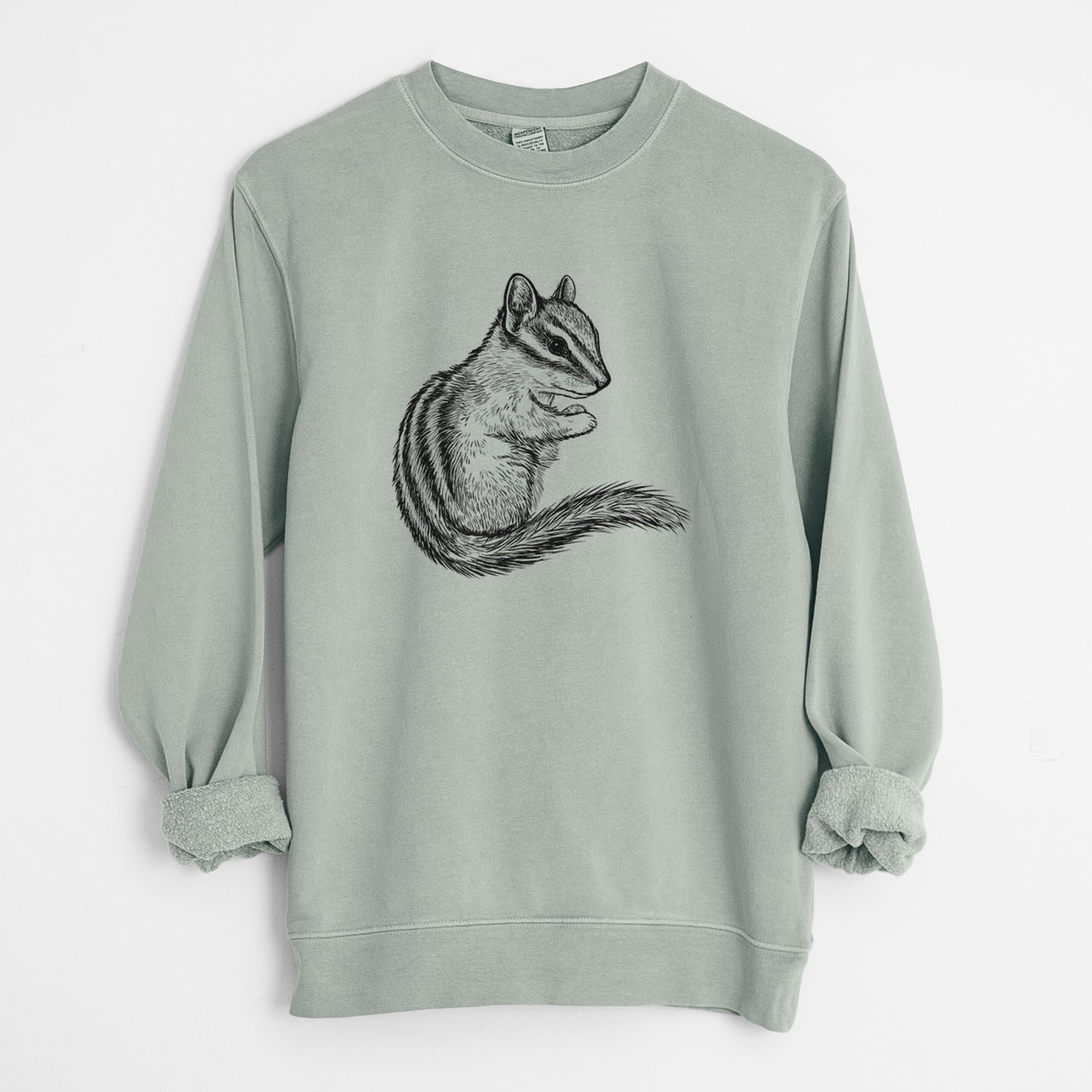 Sage green pigment dyed crewneck sweatshirt laid flat with the sleeves rolled, printed with a detailed black ink illustration of a least chipmunk sitting and holding food in its paws.
