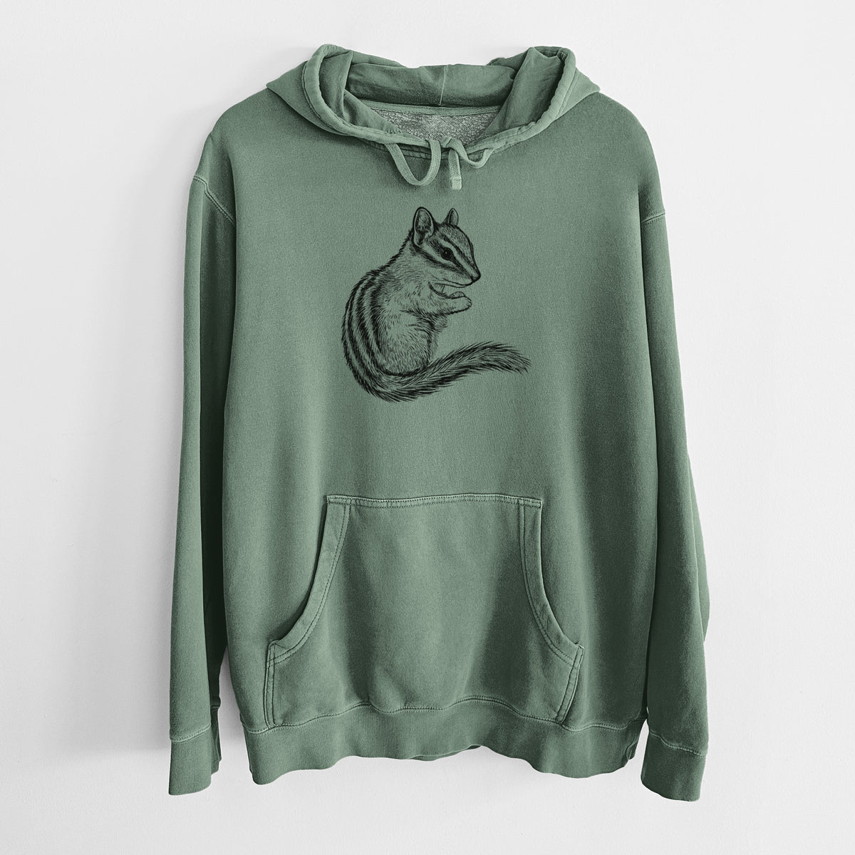 Alpine green pigment dyed hoodie laid flat, printed with a detailed black ink illustration of a least chipmunk sitting and holding food in its paws.