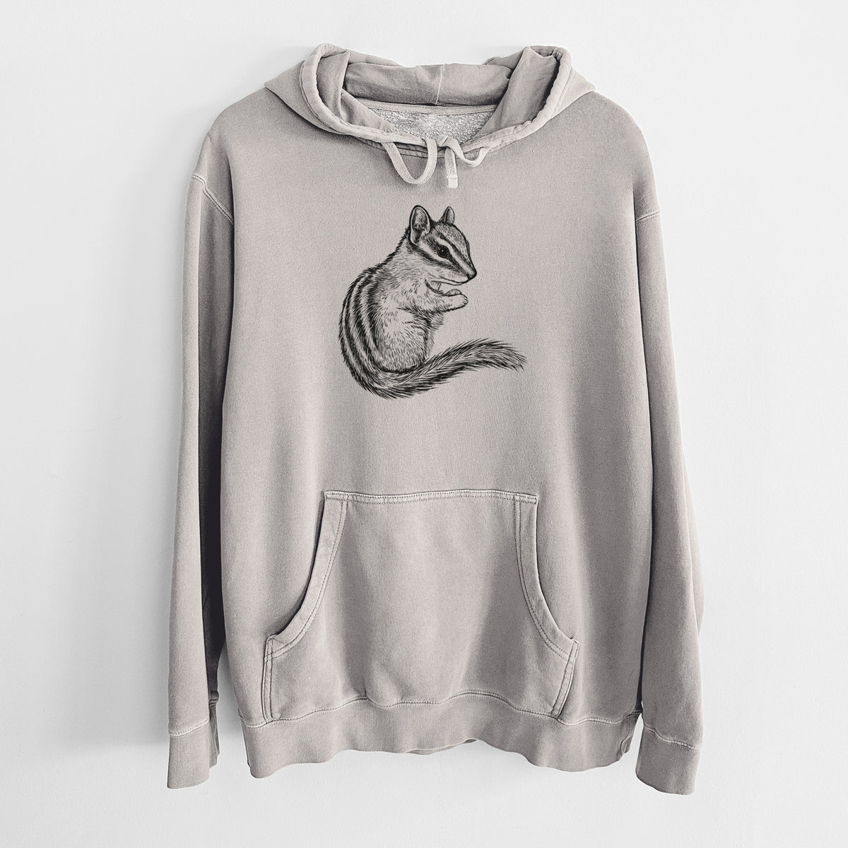 Cement grey pigment dyed hoodie laid flat, printed with a detailed black ink illustration of a least chipmunk sitting and holding food in its paws.