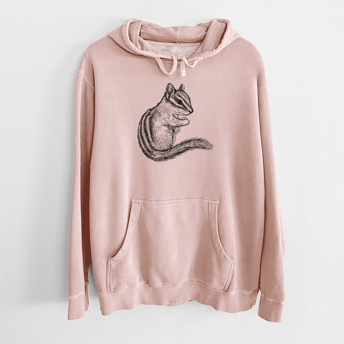 Dusty pink pigment dyed hoodie laid flat, printed with a detailed black ink illustration of a least chipmunk sitting and holding food in its paws.