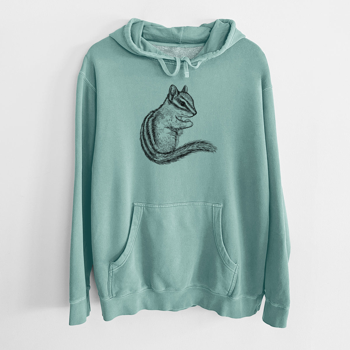 Mint green pigment dyed hoodie laid flat, printed with a detailed black ink illustration of a least chipmunk sitting and holding food in its paws.