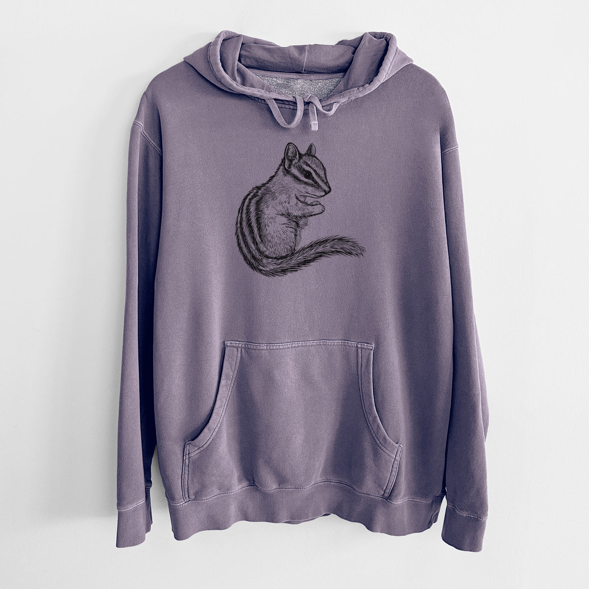 Plum purple pigment dyed hoodie laid flat, printed with a detailed black ink illustration of a least chipmunk sitting and holding food in its paws.