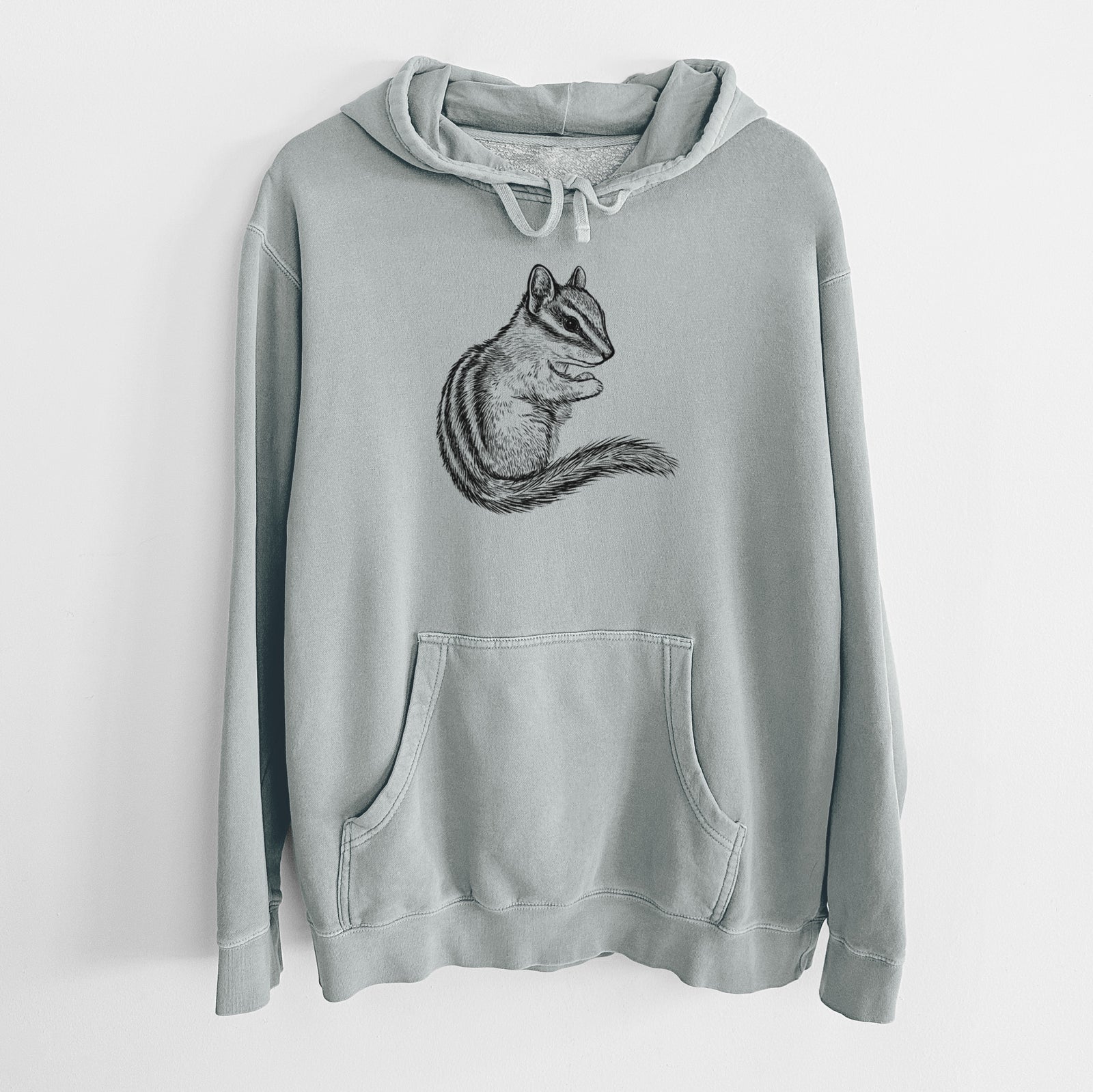 Sage green pigment dyed hoodie laid flat, printed with a detailed black ink illustration of a least chipmunk sitting and holding food in its paws.