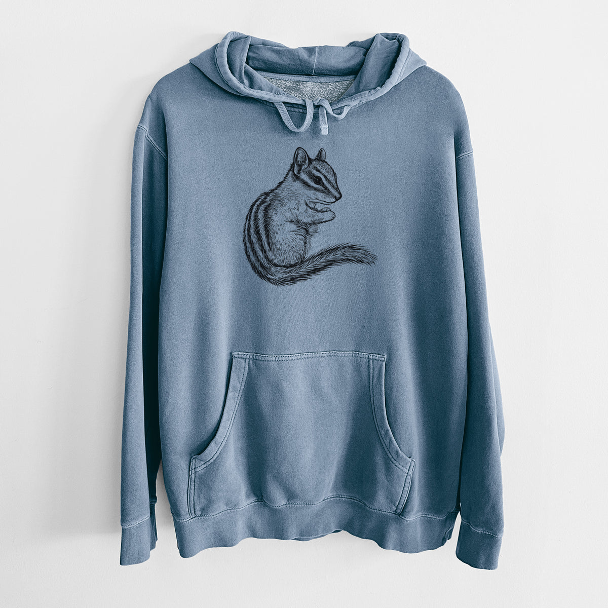 Slate blue pigment dyed hoodie laid flat, printed with a detailed black ink illustration of a least chipmunk sitting and holding food in its paws.