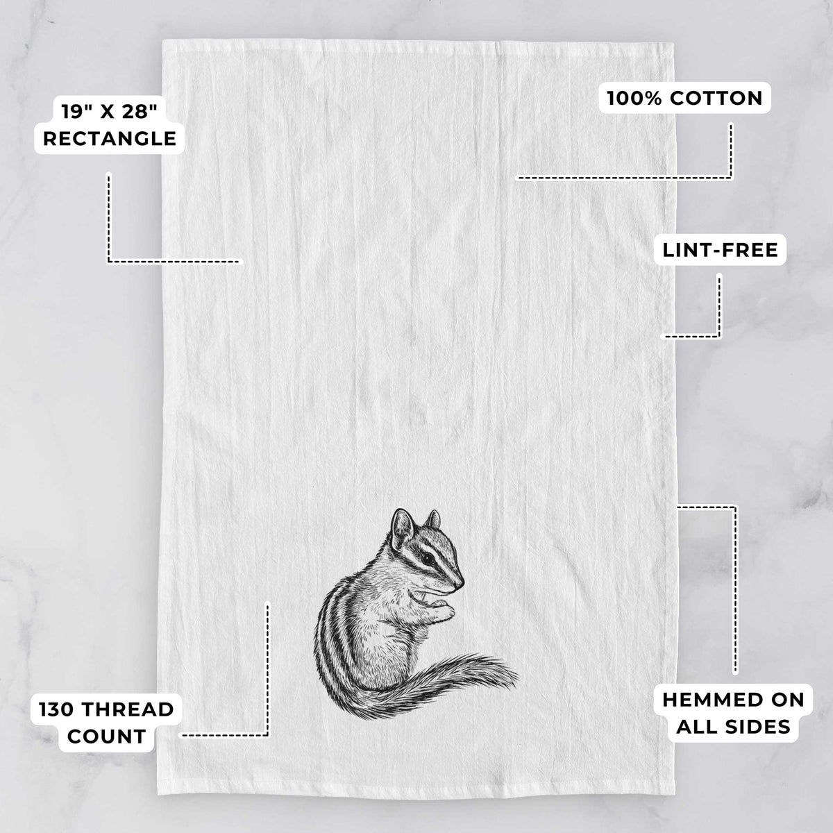 White tea towel printed with a detailed black ink illustration of a least chipmunk sitting and holding food in its paws, with feature labels: 19 by 28 inch rectangle, 100% cotton, lint-free, 130 thread count, hemmed on all sides.