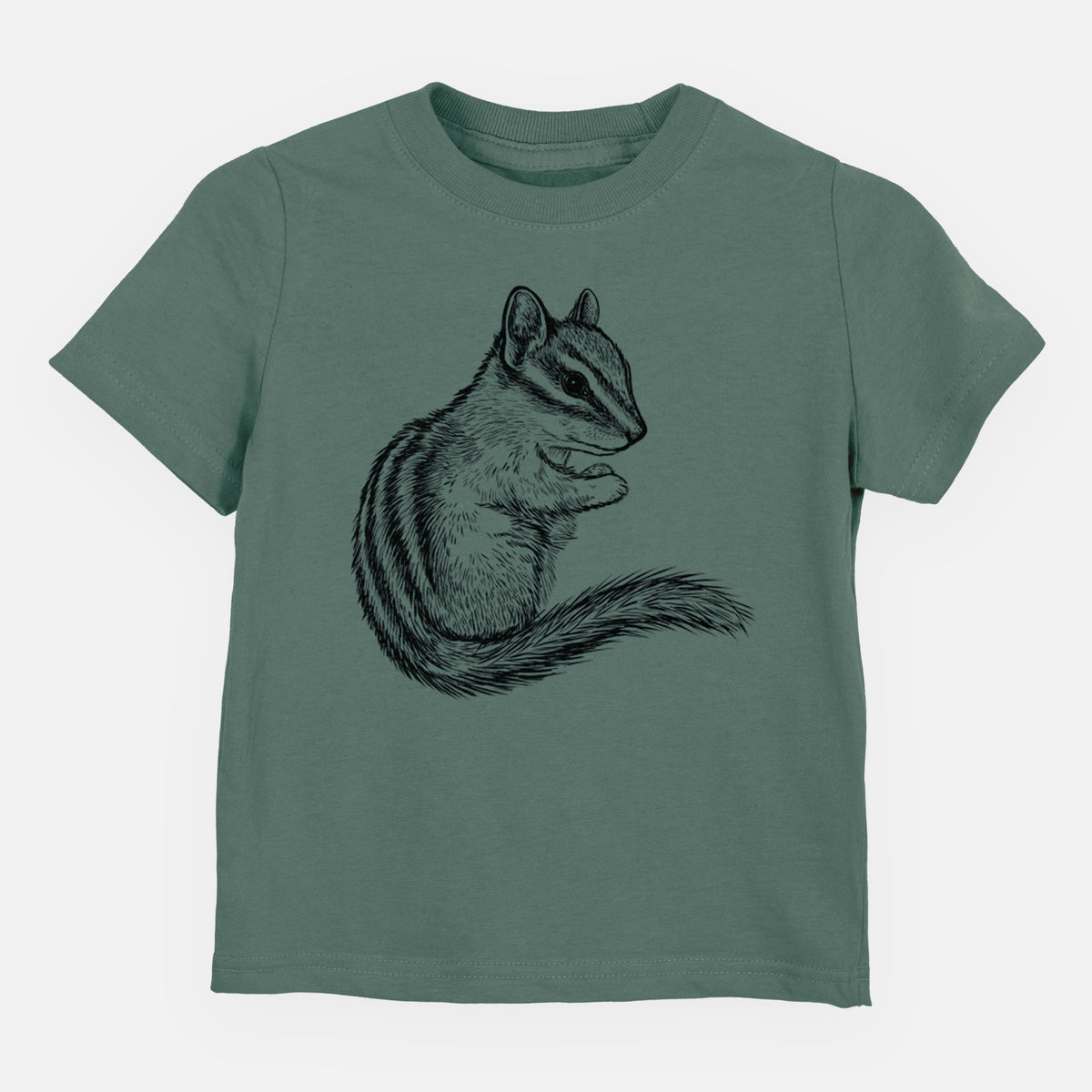 Basil green toddler t-shirt laid flat, printed with a detailed black ink illustration of a least chipmunk sitting and holding food in its paws.