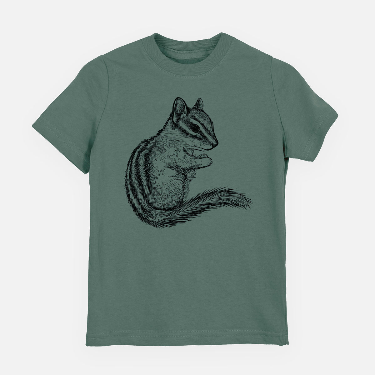 Basil green youth t-shirt laid flat, printed with a detailed black ink illustration of a least chipmunk sitting and holding food in its paws.