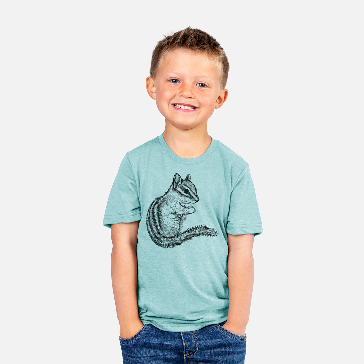 Smiling boy wearing a youth t-shirt printed with a detailed black ink illustration of a least chipmunk sitting and holding food in its paws.