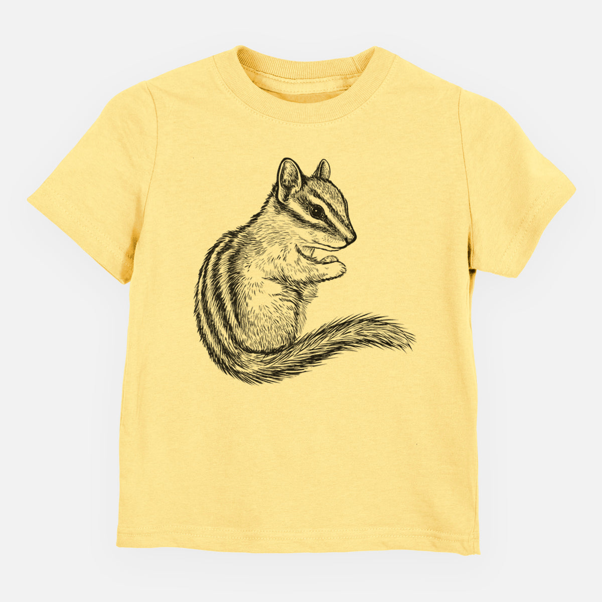 Butter yellow toddler t-shirt laid flat, printed with a detailed black ink illustration of a least chipmunk sitting and holding food in its paws.