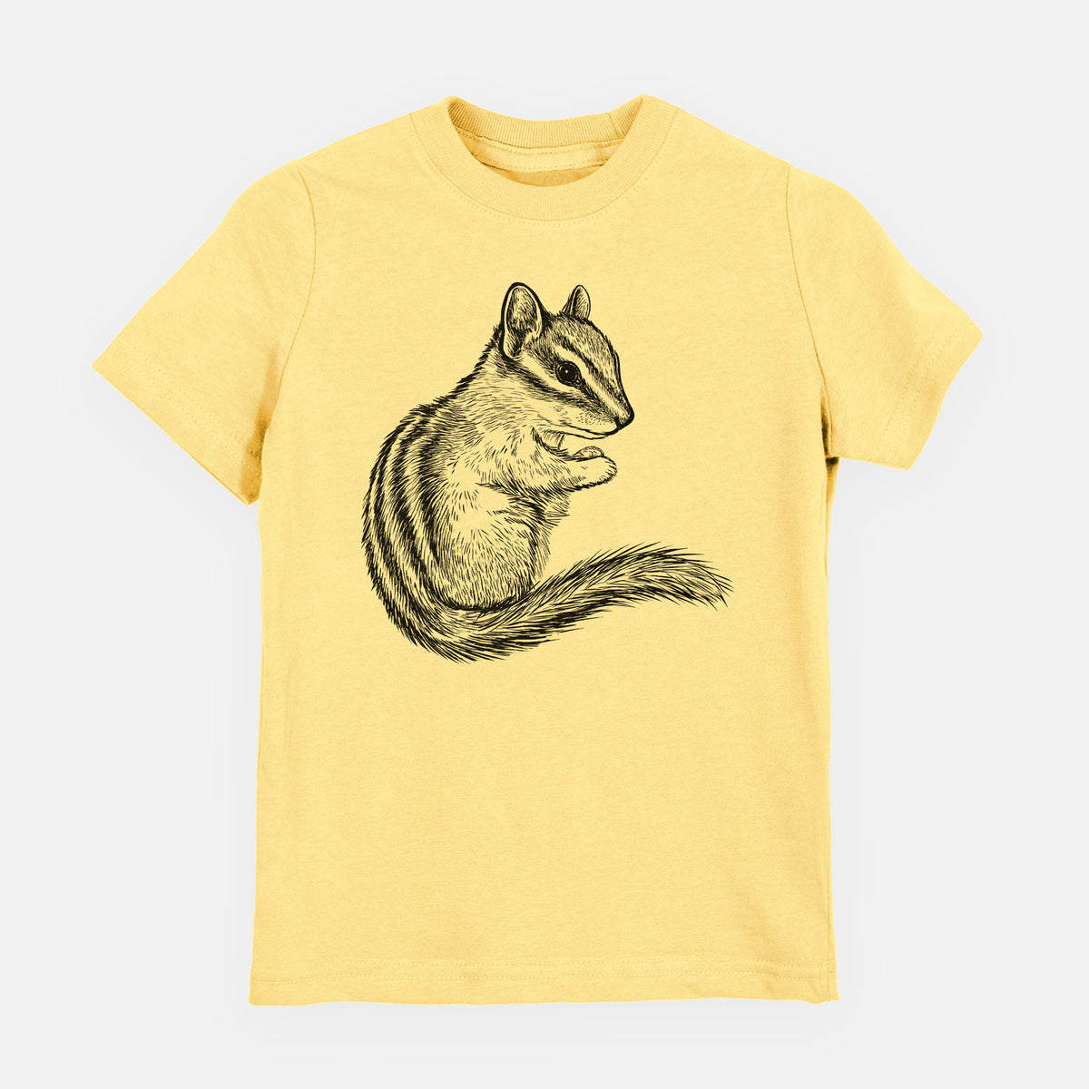 Butter yellow youth t-shirt laid flat, printed with a detailed black ink illustration of a least chipmunk sitting and holding food in its paws.