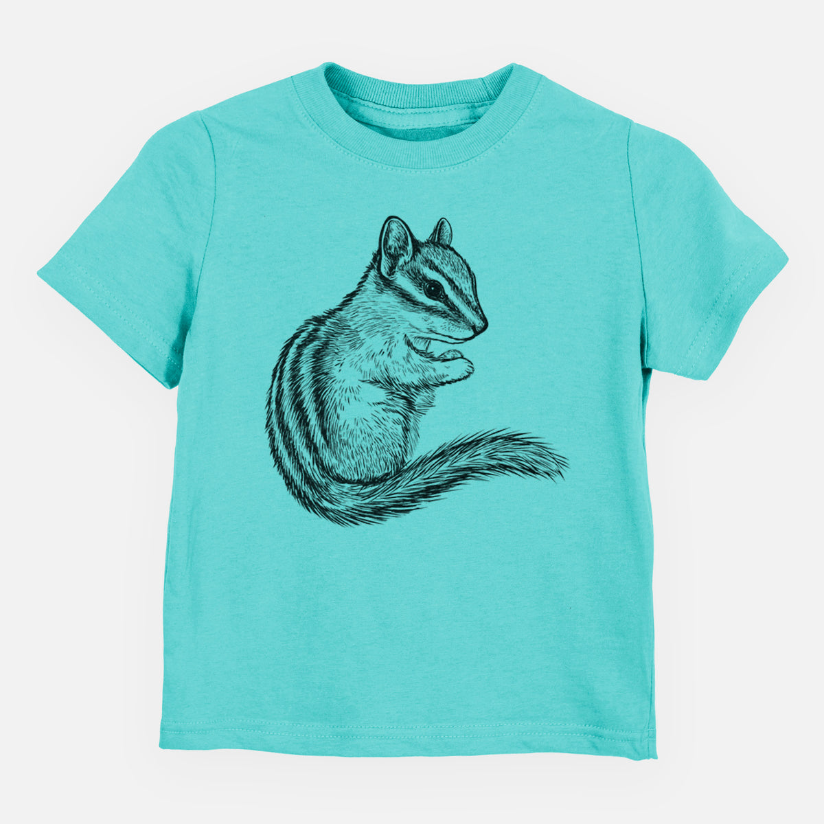 Caribbean blue toddler t-shirt laid flat, printed with a detailed black ink illustration of a least chipmunk sitting and holding food in its paws.