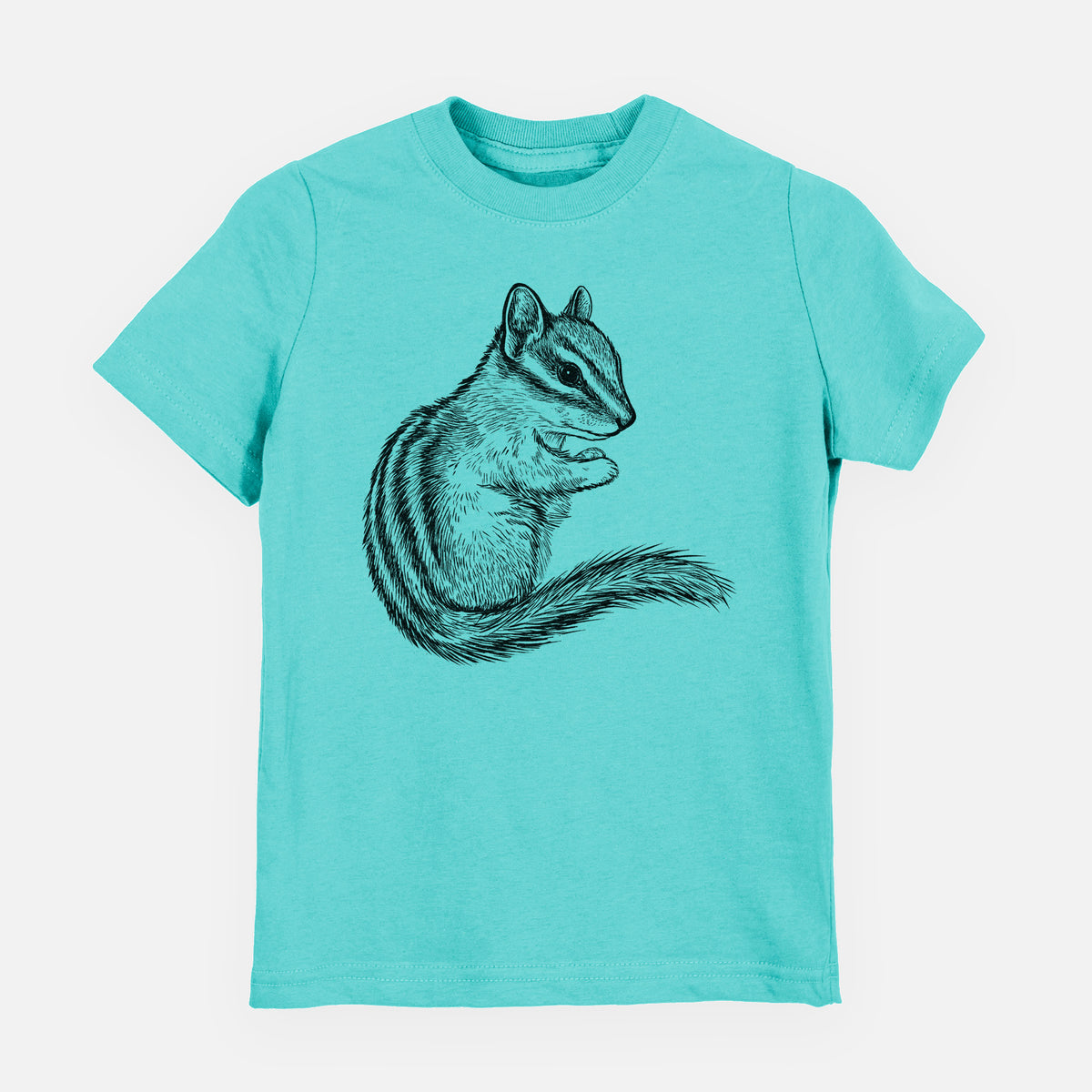 Caribbean blue youth t-shirt laid flat, printed with a detailed black ink illustration of a least chipmunk sitting and holding food in its paws.