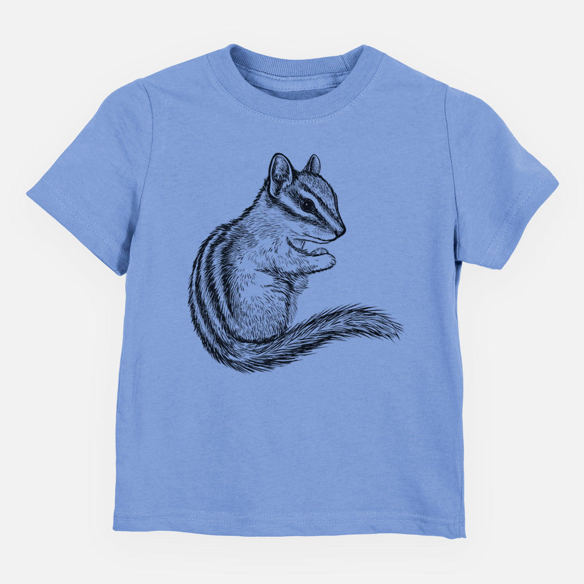 Carolina blue toddler t-shirt laid flat, printed with a detailed black ink illustration of a least chipmunk sitting and holding food in its paws.