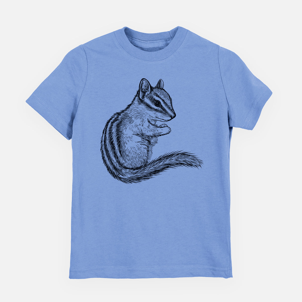 Carolina blue youth t-shirt laid flat, printed with a detailed black ink illustration of a least chipmunk sitting and holding food in its paws.