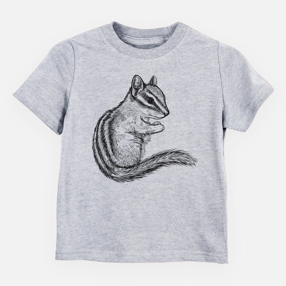 Heather grey toddler t-shirt laid flat, printed with a detailed black ink illustration of a least chipmunk sitting and holding food in its paws.
