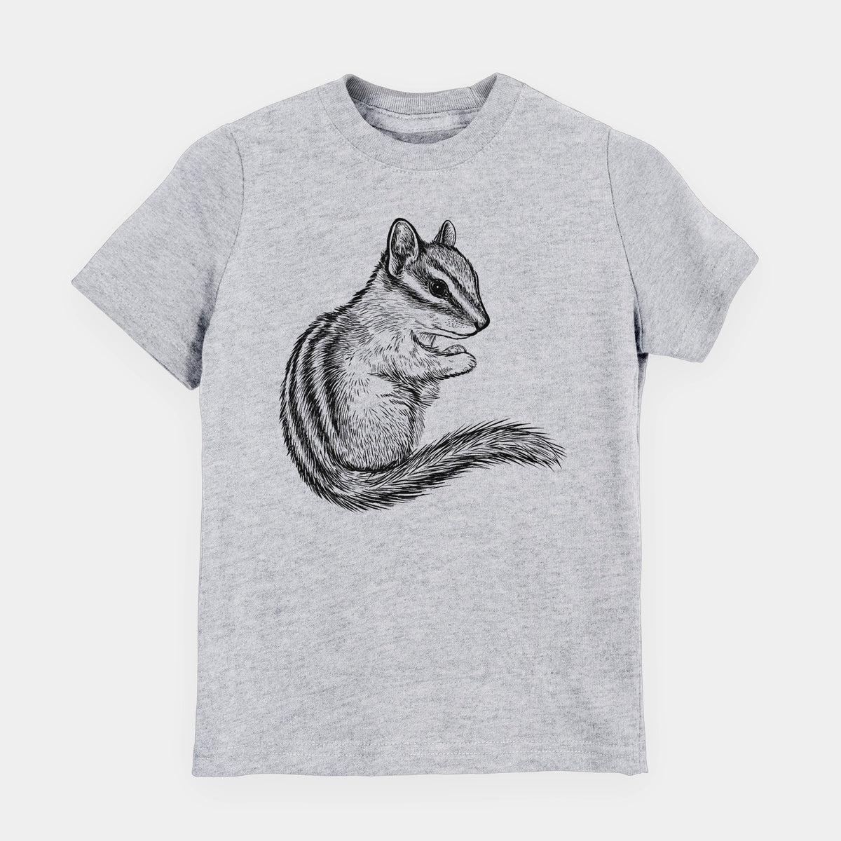 Heather grey youth t-shirt laid flat, printed with a detailed black ink illustration of a least chipmunk sitting and holding food in its paws.