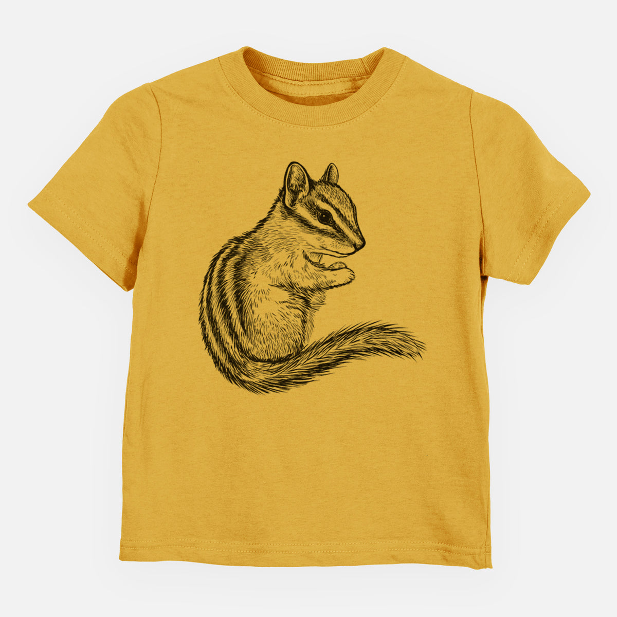 Honeycomb yellow toddler t-shirt laid flat, printed with a detailed black ink illustration of a least chipmunk sitting and holding food in its paws.