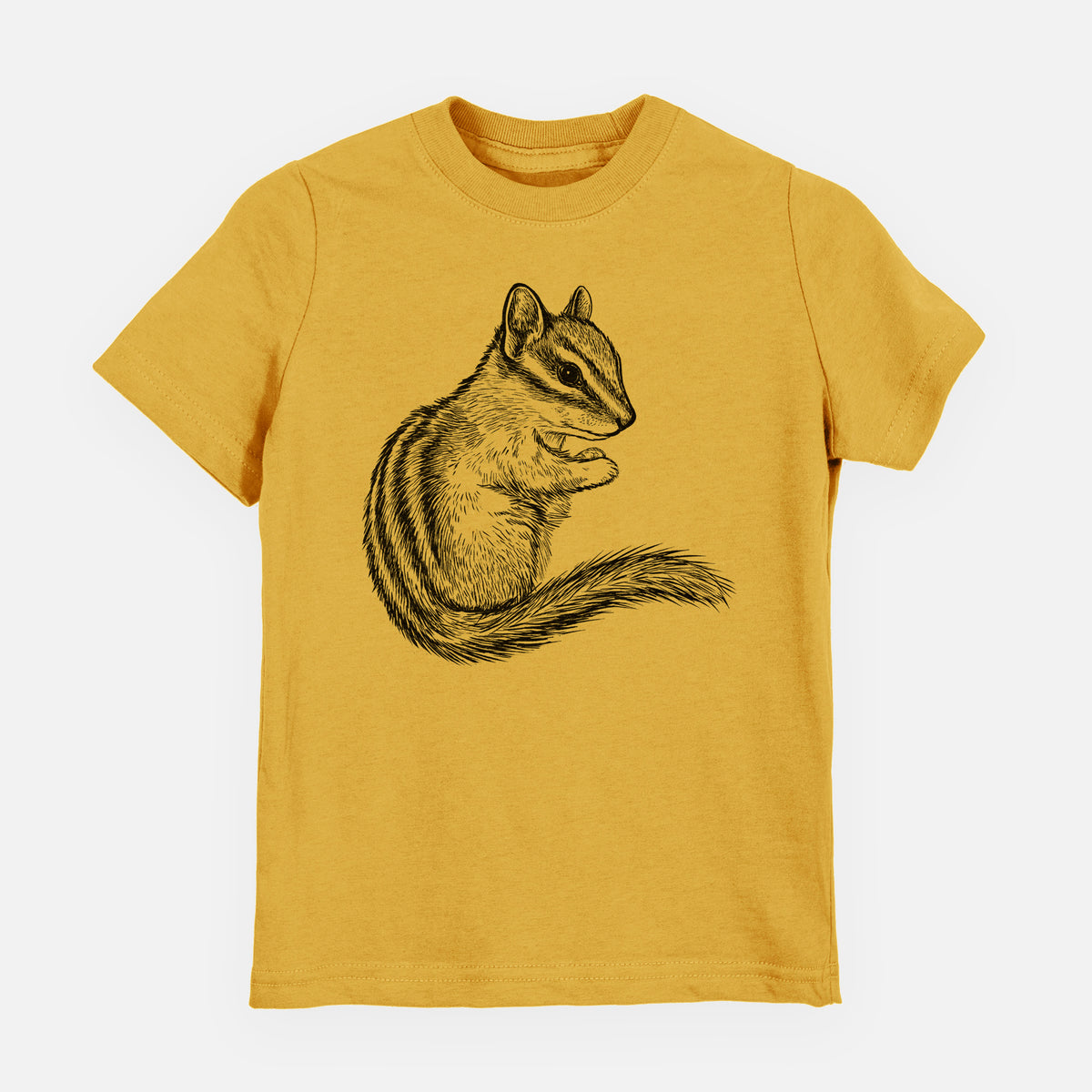 Honeycomb yellow youth t-shirt laid flat, printed with a detailed black ink illustration of a least chipmunk sitting and holding food in its paws.