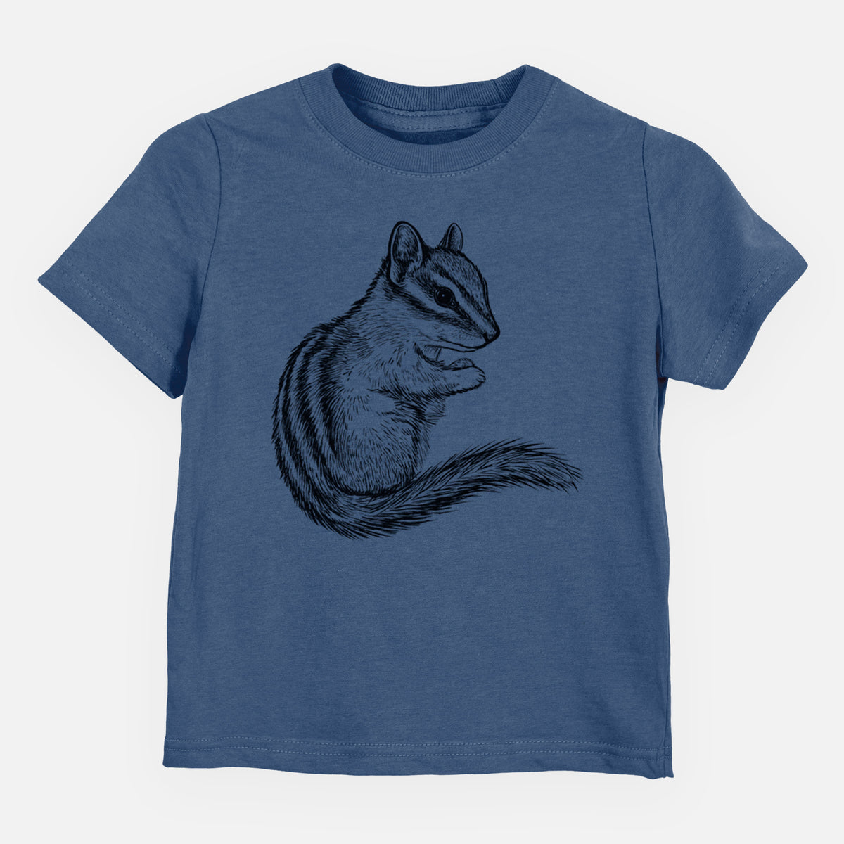 Indigo blue toddler t-shirt laid flat, printed with a detailed black ink illustration of a least chipmunk sitting and holding food in its paws.