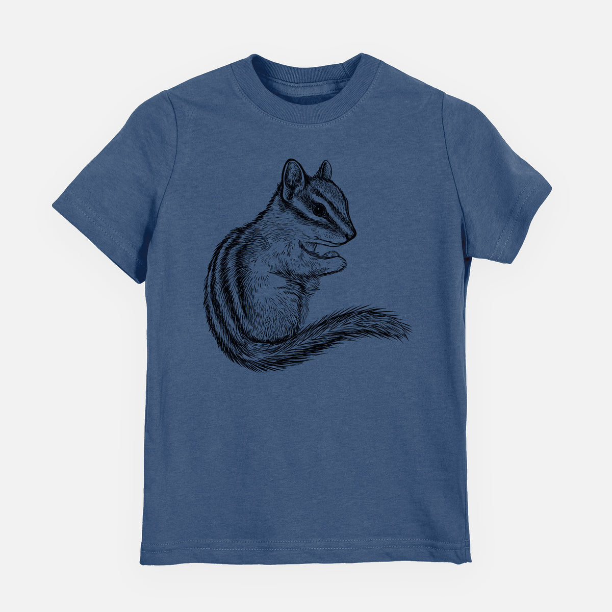 Indigo blue youth t-shirt laid flat, printed with a detailed black ink illustration of a least chipmunk sitting and holding food in its paws.